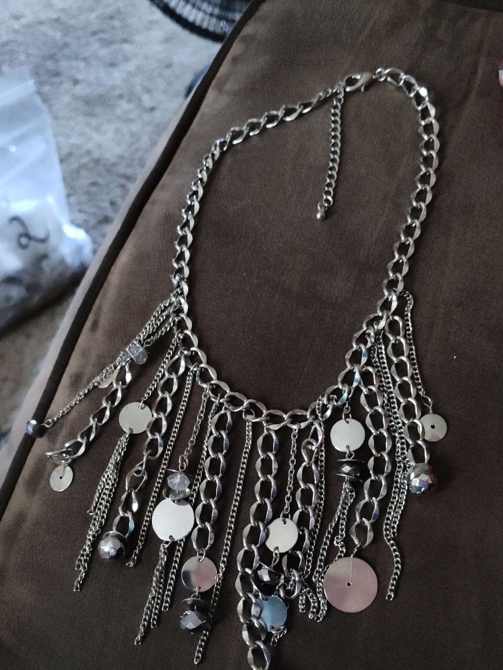 Silver Fringe Disc & Chain Statement Necklace - Women Jewelry